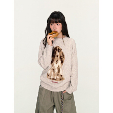 批发美式复古小狗印花针织毛衣套头毛衣秋<b class='q'>冬</b>宽松套头长袖提花上衣刺绣