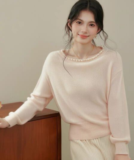 한 부서 미니멀리즘 핑크색 진주 칼라 라운드 넥 니트 스웨터 여성 2026 가을 겨울 새로운 부드러운 바람 루즈핏 다용도 맨위