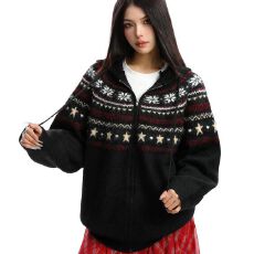 冬季新款复古费尔岛毛衣开衫宽松百搭美式慵懒风连帽针织衫情侣款