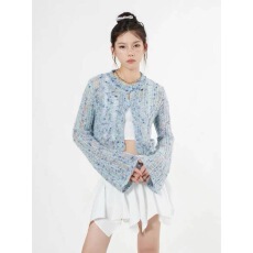 批发浅蓝色镂空长袖毛衣女秋<b class='q'>冬</b>新款小众设计感开衫显瘦甜妹短上衣