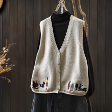 批发春秋装外搭V领印花棉线针织开衫马甲背心女韩版宽松叠穿无袖毛衣