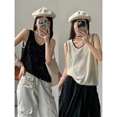 批发欧货韩系亮片无袖羊毛针织背心女宽松U领撞色通勤外穿坎肩<b class='q'>马甲</b>潮