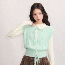 批发韩系绿色蝴蝶结绑带针织马甲背心女春夏甜美气质修身显瘦收腰上衣