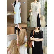 批发夏季短袖镂空气质连衣裙女设计感开衩<b class='q'>中长款</b>过膝裙薄款罩衫<b class='q'>针织衫</b>