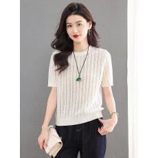 批发圆领镂空针织短袖女时尚套头t恤衫2026夏季新款复古麻花宽松上衣