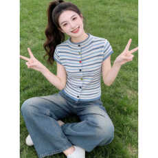 批发休闲风蓝色条纹短袖<b class='q'>针织衫</b>女2026夏季新款设计感小众时尚气质上衣