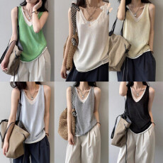 批发莱赛尔天丝亚麻撞色假两件背心女夏<b class='q'>新款</b>V领时尚坎肩上衣小衫