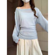 批发2026<b class='q'>新款</b>韩系穿搭蓝色长袖t恤女夏季薄款防晒罩衫高级感掐腰上衣