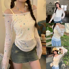 批发已出货 夏季<b class='q'>新款</b>星星印花斜肩 T 恤女修身显瘦薄款防晒针织上