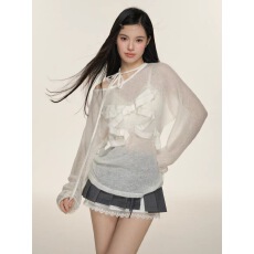 批发甜辣风白色蝴蝶结系带纯欲微透针织长袖夏季小众设计罩衫<b class='q'>T</b><b class='q'>恤</b>女