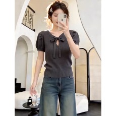 批发高级感系带V领针织衫女2026春夏大码胖mm复古百搭修身显瘦<b class='q'>T</b><b class='q'>恤</b>上衣