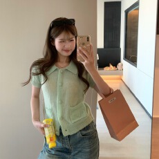 批发韩系甜美绒感<b class='q'>马海毛</b>娃娃领短袖针织衫女春夏新款百搭显瘦<b class='q'>开衫</b>上衣