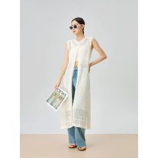 批发法式白色背心针织裙女开衫薄款宽松长款罩衫无袖钩花度假上衣镂空