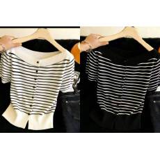 批发韩版减龄一字领条纹撞色冰丝<b class='q'>针织</b>短袖女2026新款夏季<b class='q'>开衫</b>t恤上衣