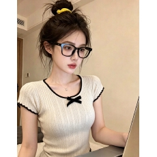 批发法式温柔风蝴蝶结正肩短袖针织衫T恤女夏季薄款修身短款u领上衣
