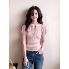 批发圆领系带设计感粉色上衣2026年夏季女装新款针织钩花减龄百搭短袖