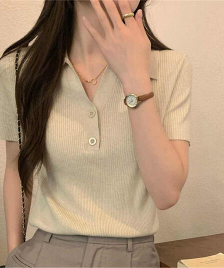 새로운 여름 한 부서 POLO 칼라 단추 디자인 센스 순수한 욕망 티셔츠 여성 다용도 니트 반팔 맨위 ins