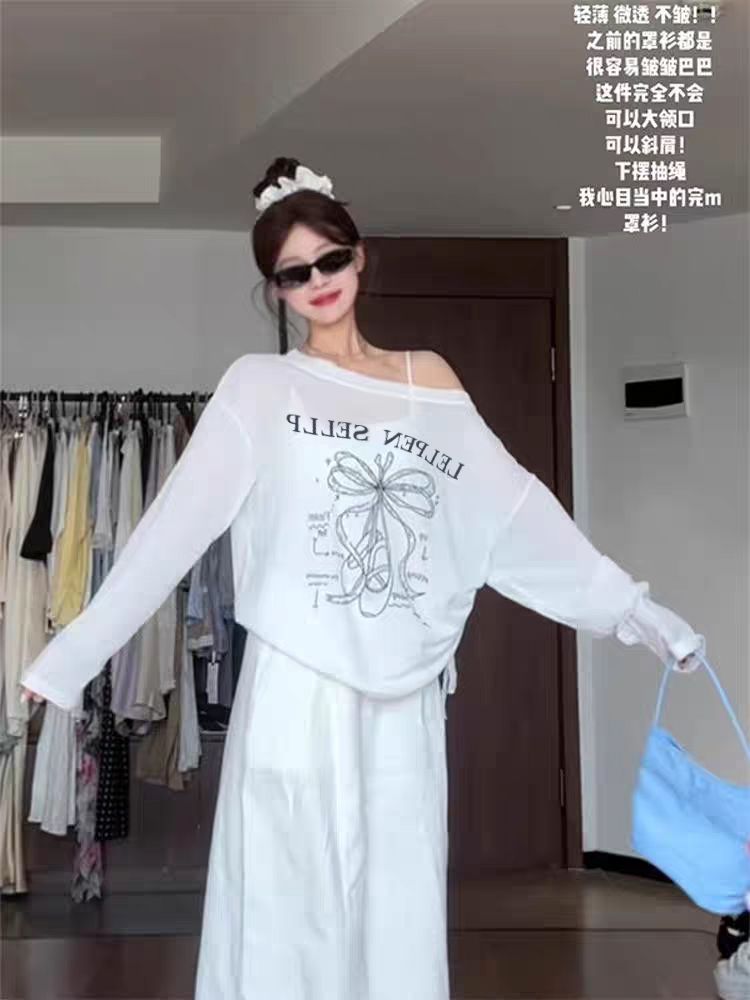 한 부서 나비 매듭 프린트 비스듬한 어깨 긴팔 티셔츠 여성 여름 느긋한 바람 얇은 스타일 마이크로 ~을 통해 루즈핏 슬림해 보이는 블라우스