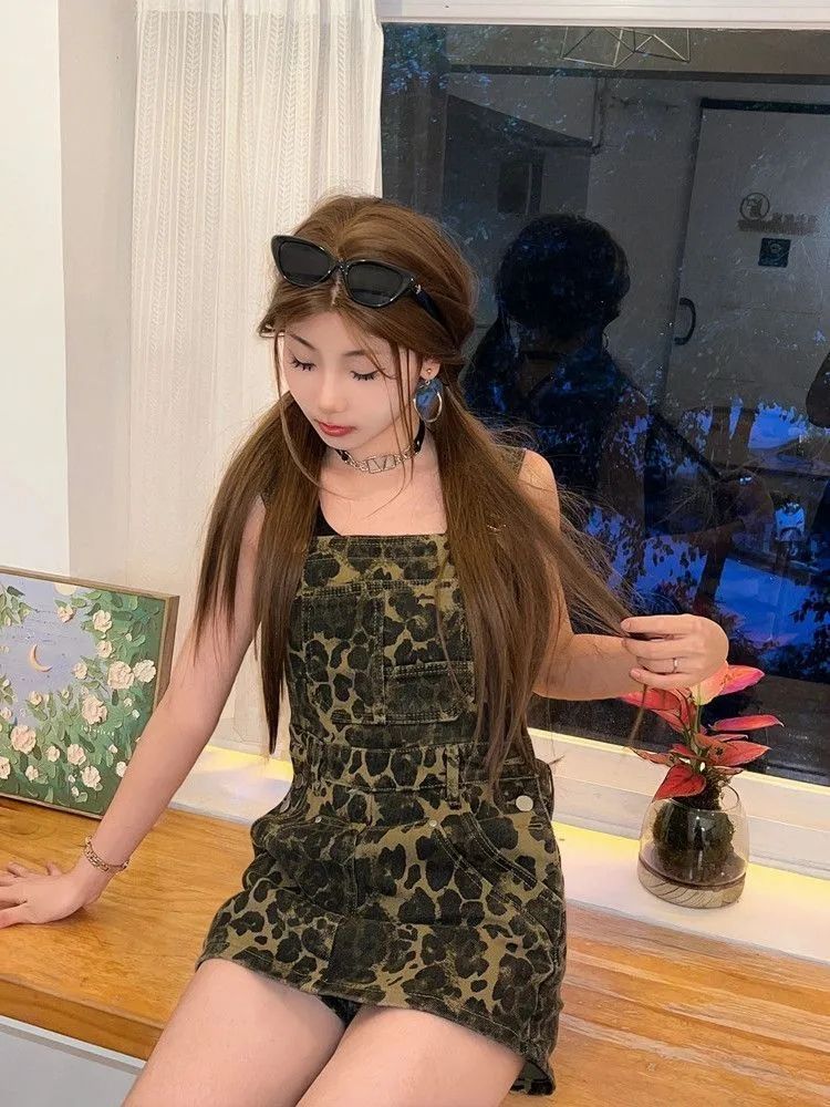 레트로 아메리칸 ins 바람 레오파드 무늬 데님 멜빵 드레스 여름 핫걸 슬림해 보이는 외국 가스 한 마디 타이트 스커트 짧은 치마
