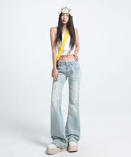 아메리칸 워싱 블루 레이스 부츠컷 밝은색 패치워크 청바지 여성 2026 여름 루즈핏 하이웨이스트 슬림해 보이는 바닥 청소 바지