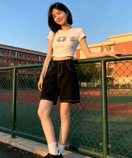 검정색 5 점 스트레이트 데님 반바지 여성 여름 새로운 하이웨이스트 루즈핏 다용도 캐주얼 한 마디 넓은 다리 중 바지