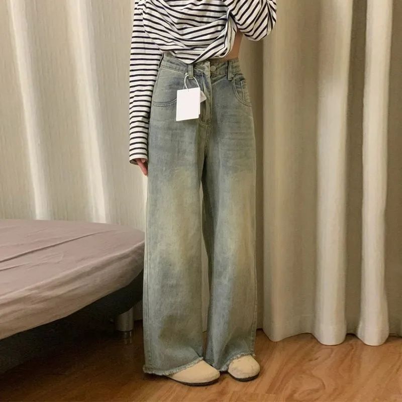 2026 아메리칸 레트로 워싱 넓은 청바지 봄 여름 새로운 하이웨이스트 루즈핏 거친 가장자리 스트레이트 바닥 청소 바지 트렌디