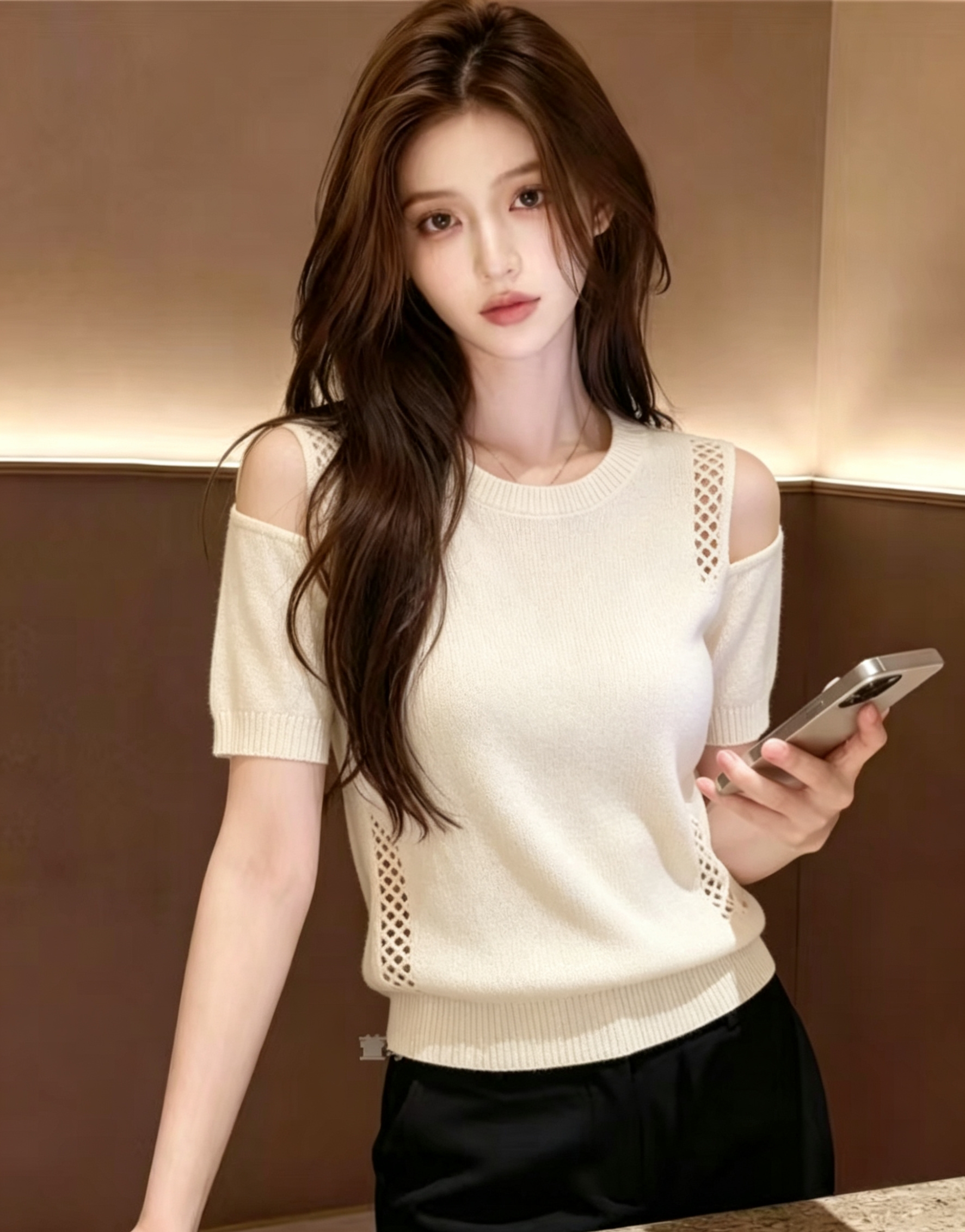 2026 폭발 한 부서 부드러운 바람 살구 색상 라운드 넥 오프숄더 니트 반팔 홀로우 아웃 디자인 센스 작은 대중 품격 맨위