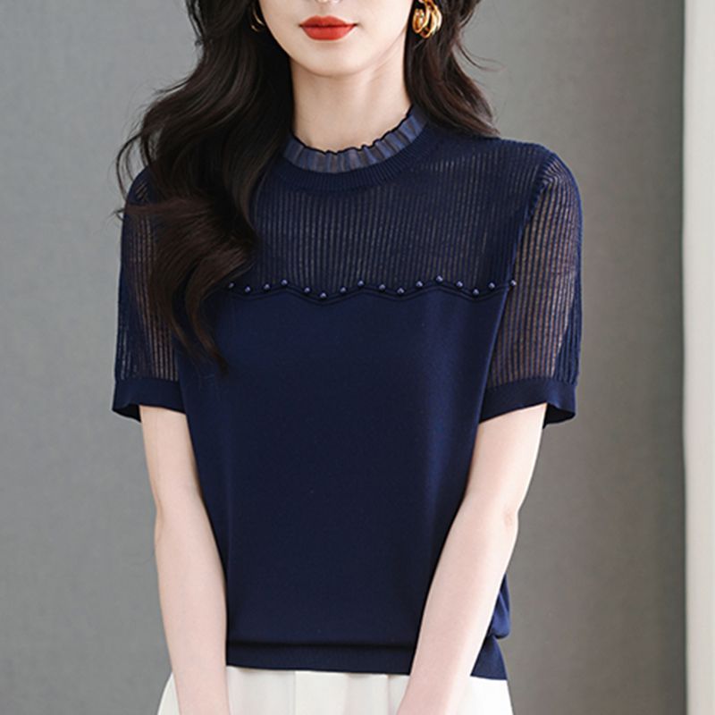 2026 고급 얼음 실크 반팔 티셔츠 여성 여름 홀로우 아웃 작은 셔츠 얇은 비즈 박기 라운드 넥 단색 외출용 표지 고기 맨위