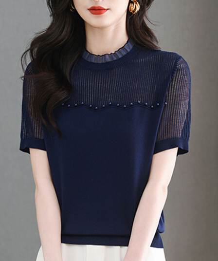 2026 고급 얼음 실크 반팔 티셔츠 여성 여름 홀로우 아웃 작은 셔츠 얇은 비즈 박기 라운드 넥 단색 외출용 표지 고기 맨위