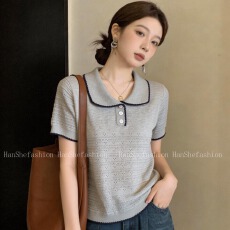批发撞色镂空娃娃领短袖针织衫女2026夏季新款微胖大码设计感减龄上衣