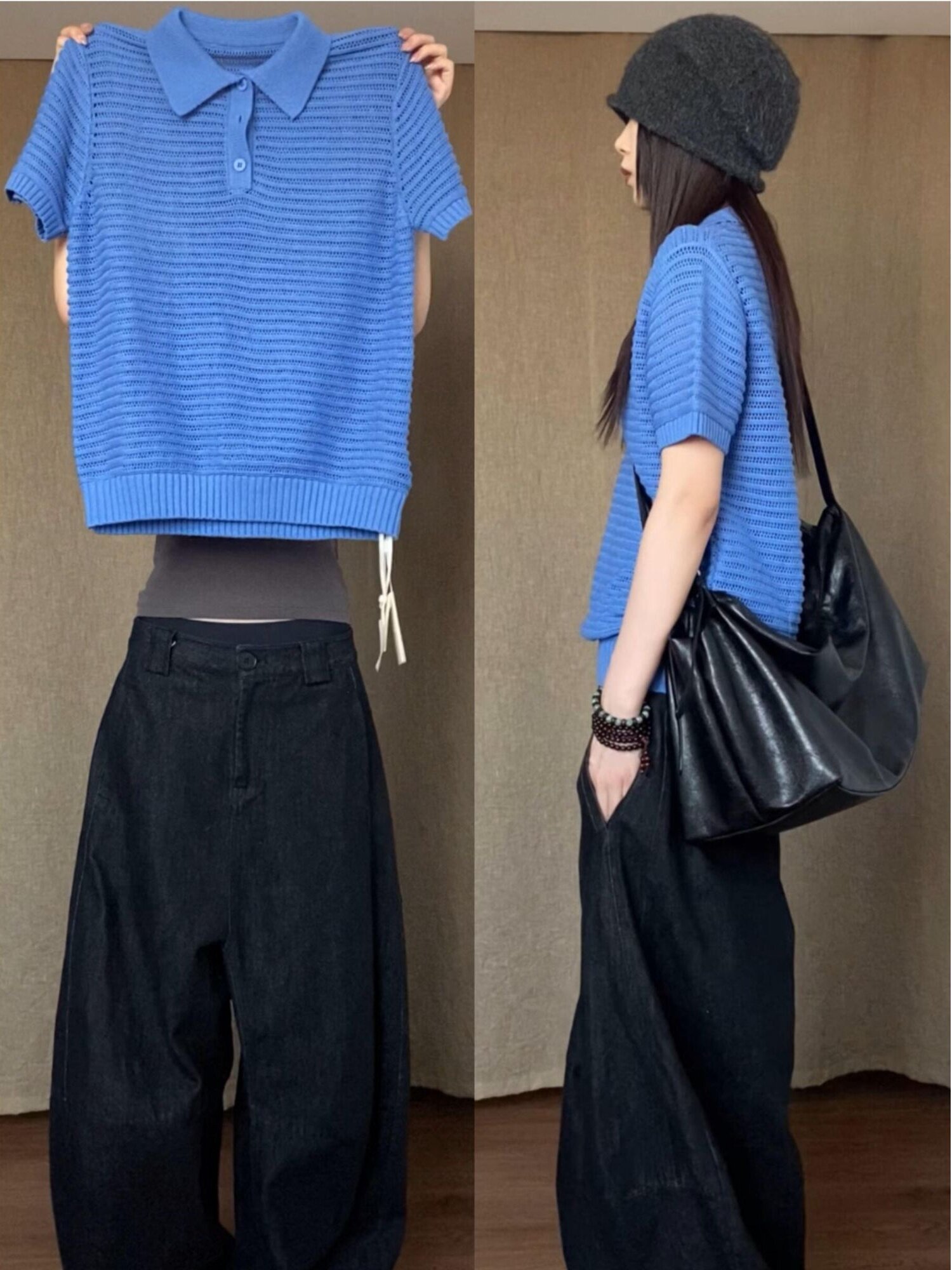 한 부서 POLO 칼라 긍정적 인 어깨 반팔 니트 스웨터 여성 여름 얇은 스타일 홀로우 아웃 디자인 센스 작은 대중 루즈핏 폴로 칼라 맨위