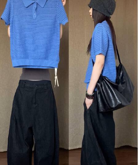 한 부서 POLO 칼라 긍정적 인 어깨 반팔 니트 스웨터 여성 여름 얇은 스타일 홀로우 아웃 디자인 센스 작은 대중 루즈핏 폴로 칼라 맨위