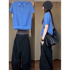 批发韩系Polo领正肩短袖针织衫女夏季薄款镂空设计感小众宽松翻领上衣