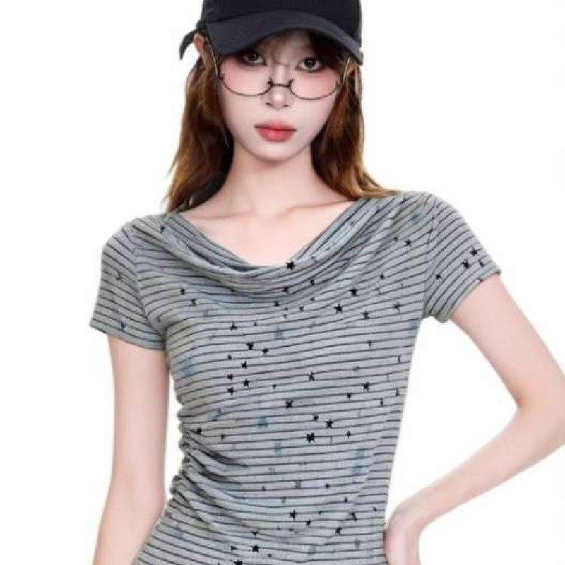 한 부서 핫걸 자이언트 잘 생긴 ~ 중 검정색 스트라이프 비스듬한 어깨 의류 여성 여름 새로운 반팔 티셔츠 디자인 센스 작은 대중