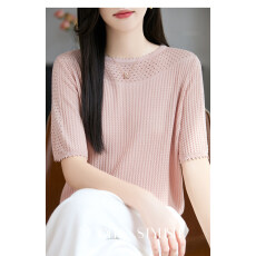 批发莱赛尔天丝针织短袖针织女2026夏新款圆领水波纹镂空钩花套头T恤