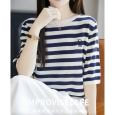批发条纹拼色时尚半袖女韩版显瘦圆领莱赛尔天丝针织t恤夏季百搭半袖T