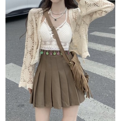 레이스 홀로우 아웃 니트 오픈 가디건 여성 여름 얇은 스타일 코디 슬립 드레스 외부 가져 가라. 작은 키 블라우스 자외선 차단 작은 외투