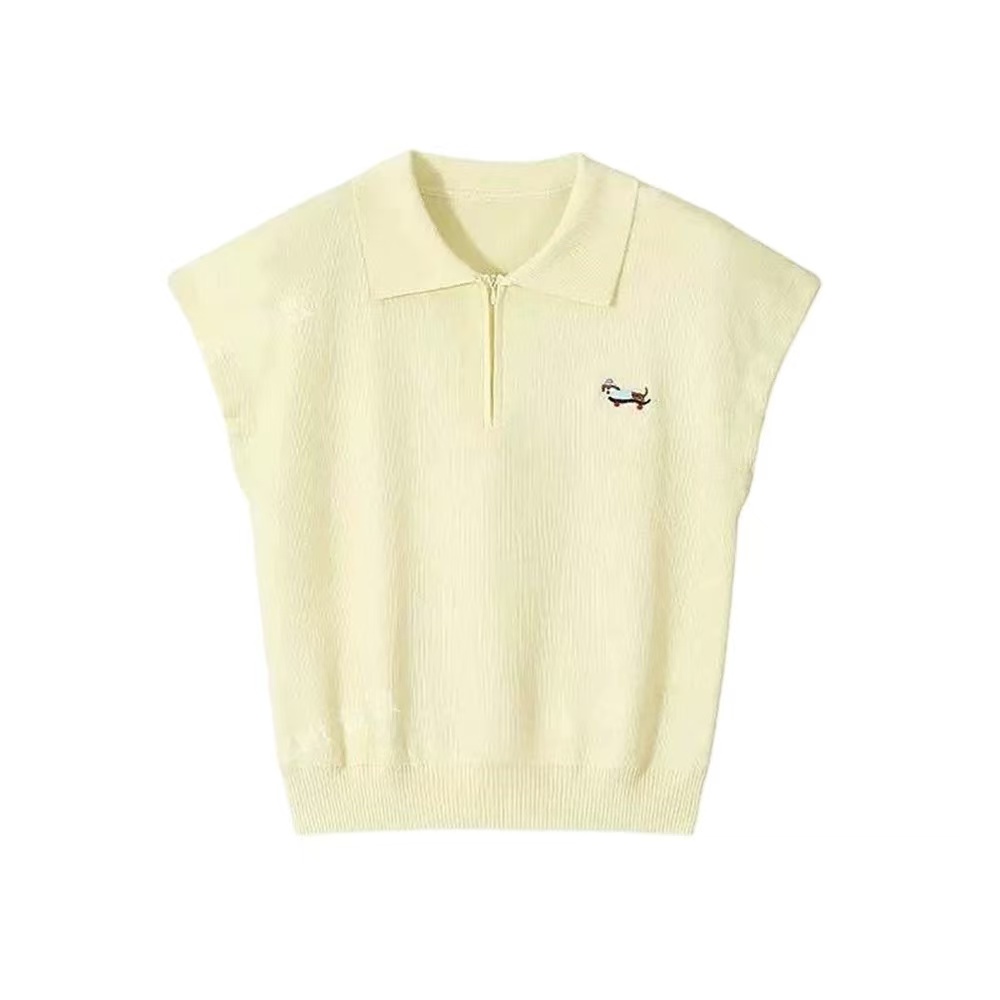 하프 지퍼 POLO 칼라 니트 긍정적 인 어깨 반팔 티셔츠 여성 2025 새로운 여름 강아지 자수 도파민 맨위