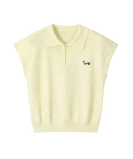하프 지퍼 POLO 칼라 니트 긍정적 인 어깨 반팔 티셔츠 여성 2025 새로운 여름 강아지 자수 도파민 맨위