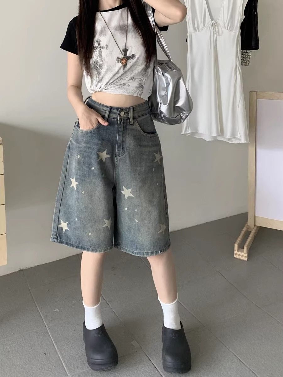 여름 레트로 블루 별 프린트 5 점 데님 반바지 여성 하이웨이스트 루즈핏 슬림해 보이는 캐주얼 스트레이트 넓은 다리 바지