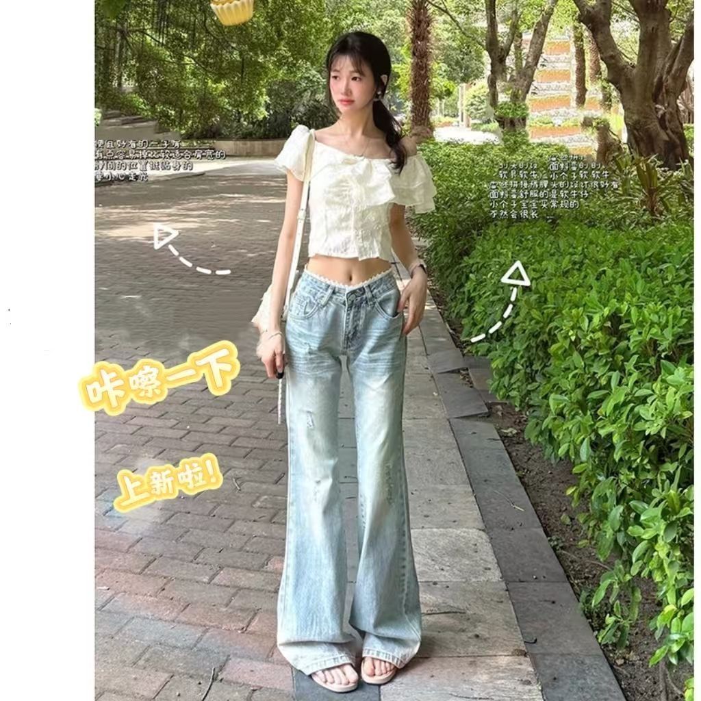 달콤한 핫걸 부츠컷 레이스 레이스 청바지 여성 여름 디자인 센스 작은 대중 아메리칸 레트로 스트레이트 넓은 다리 길이 바지