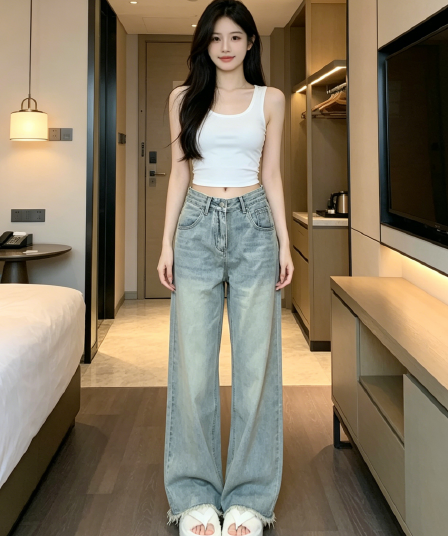 레트로 마 오래된 넓은 다리 청바지 여성 여름 섹션 디자인 센스 하이웨이스트 루즈핏 슬림해 보이는 스트레이트 거친 가장자리 바닥 청소 바지