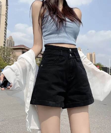 더블 버클 개성 미니멀리즘 스트레이트 데님 반바지 여성 여름 새로운 루즈핏 볼륨 측면 넓은 다리 데님 뜨거운 반바지 트렌디