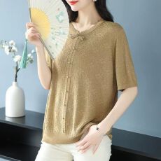 批发中式盘扣提花圆领薄款针织衫女宽松遮肚上衣<b class='q'>中年</b>女装妈妈春夏小衫