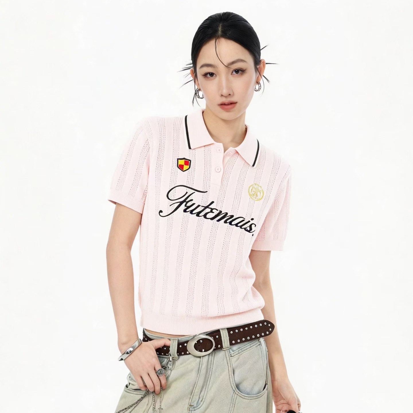 아메리칸 레트로 핑크색 저지 알파벳 털 니트 반팔 티셔츠 여성 여름 홀로우 아웃 운동 POLO 셔츠 공 서비스
