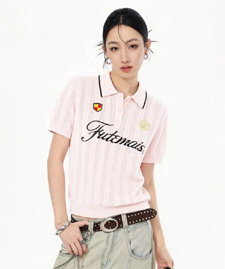아메리칸 레트로 핑크색 저지 알파벳 털 니트 반팔 티셔츠 여성 여름 홀로우 아웃 운동 POLO 셔츠 공 서비스