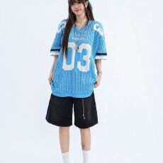 批发美式运动球衣短袖T恤女2026新款复古宽松休闲<b class='q'>街头</b>甜美网眼V领上衣