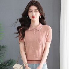 批发翻领冰丝短袖<b class='q'>T</b><b class='q'>恤</b>女新款上衣夏季宽松薄款<b class='q'>妈妈</b>气质洋气针织衫小衫