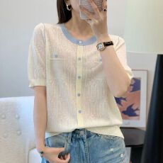 批发夏季新款天丝撞色针织短袖女宽松提花薄款<b class='q'>上衣</b>百搭洋气<b class='q'>欧根纱</b>T恤