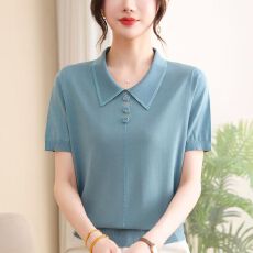 批发夏装冰丝针织上衣女宽松短袖polo领<b class='q'>T</b><b class='q'>恤</b>洋气<b class='q'>妈妈</b>气质翻领天丝小衫